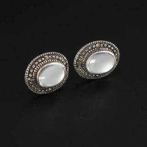 Mother of Pearl MOP Marcasite Sterling Silver Post Stud Earrings